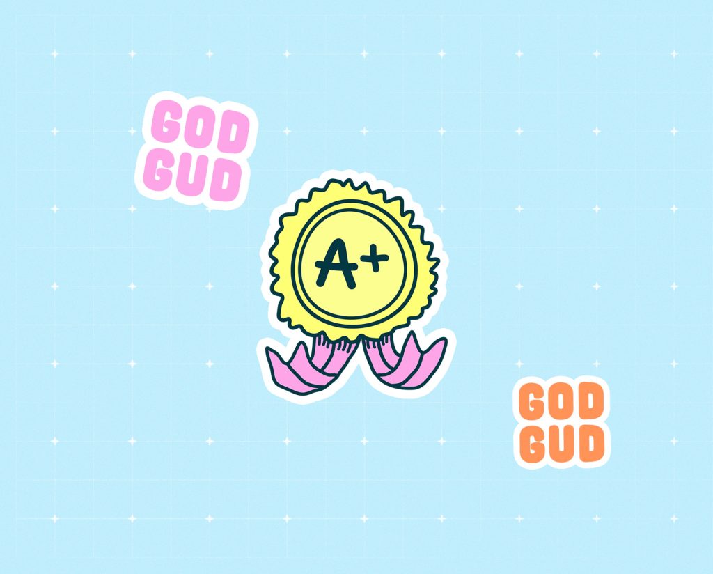 Klisterm&auml;rket i mitten visar en prisrosett med h&ouml;gsta betyg "A+". P&aring; de andra klisterm&auml;rkena st&aring;r det "God Gud".