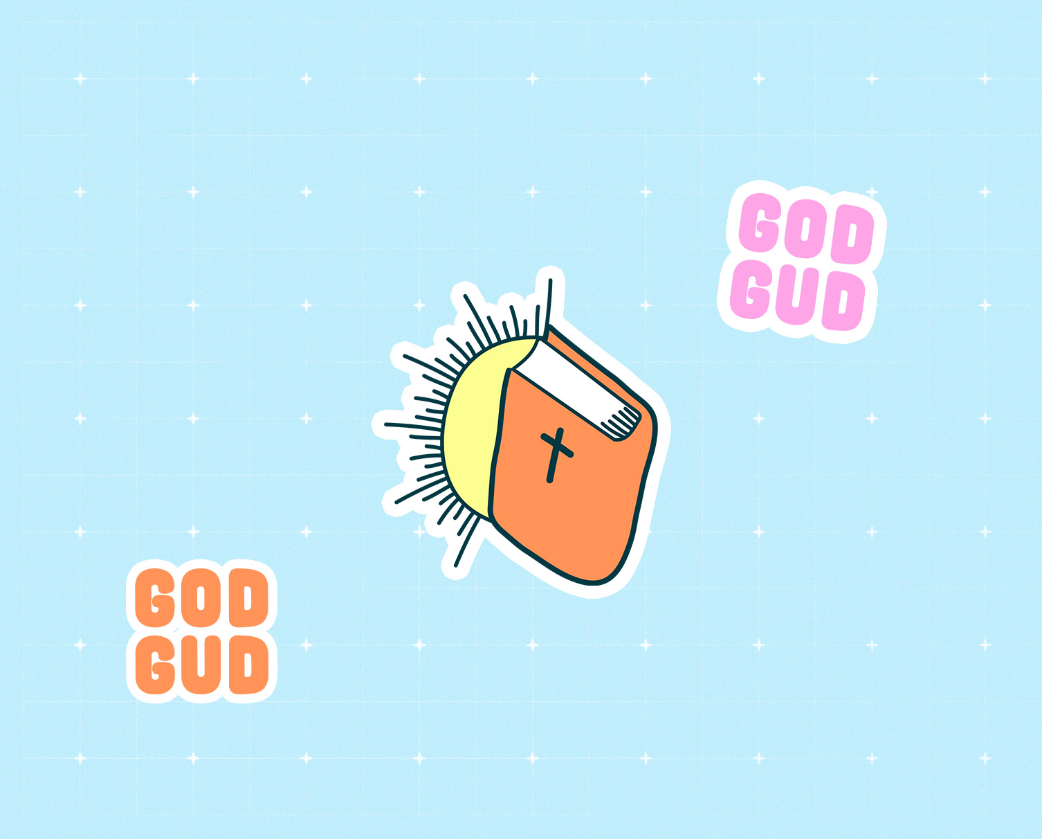 Klistermärket visar en bibel som skiner. På de andra klistermärkena står det "God Gud".