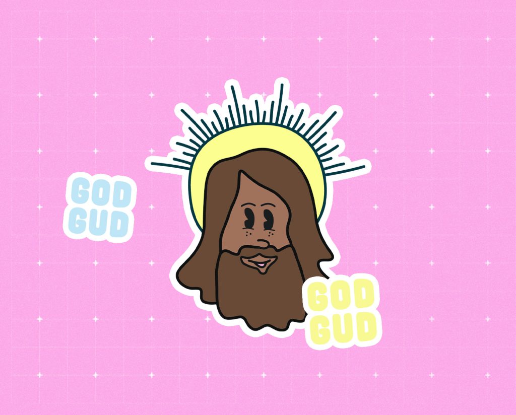 Klisterm&auml;rket visar en illustration av Jesus som skiner. P&aring; de andra klisterm&auml;rkena st&aring;r det "God Gud".